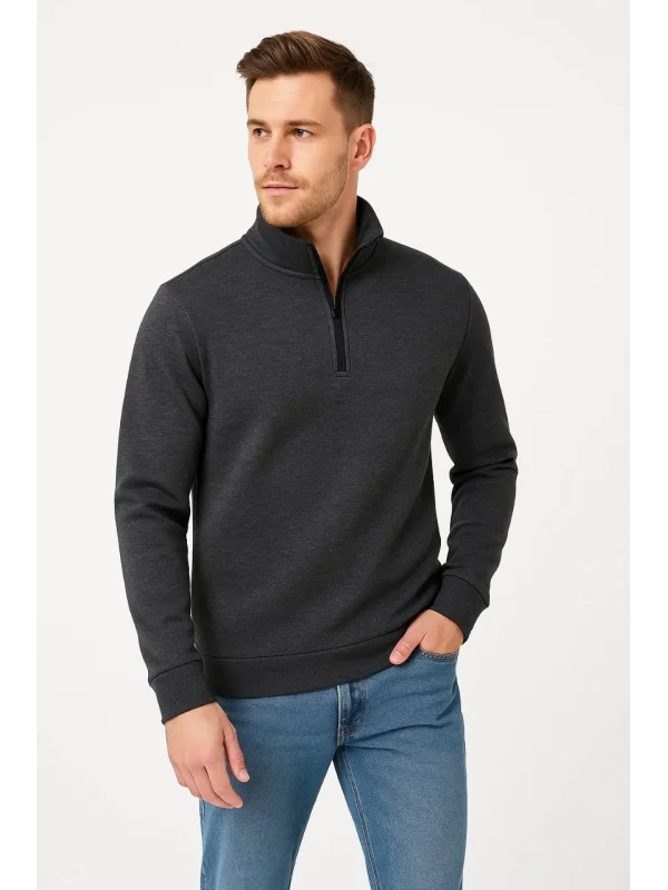 Erkek Dik Yaka Sweatshirt Dik Yaka Yarım Fermuarlı 3 İplik Şardonlu Pamuk Kumaş - Antrasit