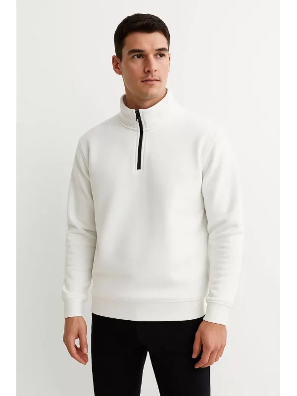 Erkek Dik Yaka Sweatshirt Dik Yaka Yarım Fermuarlı 3 İplik Şardonlu Pamuk Kumaş - Beyaz