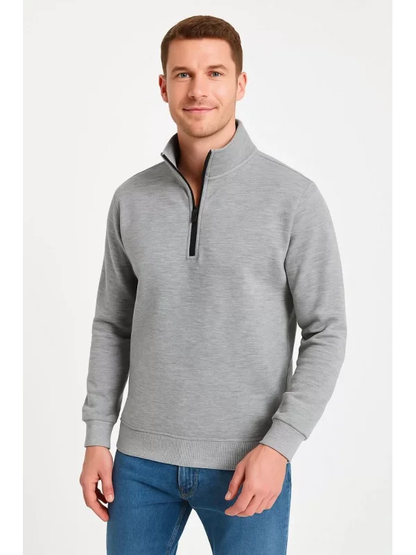 Erkek Dik Yaka Sweatshirt Dik Yaka Yarım Fermuarlı 3 İplik Şardonlu Pamuk Kumaş - Gri