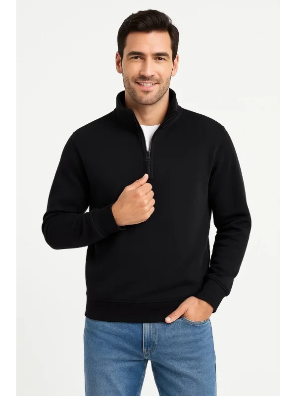 Erkek Dik Yaka Sweatshirt Dik Yaka Yarım Fermuarlı 3 İplik Şardonlu Pamuk Kumaş - Siyah