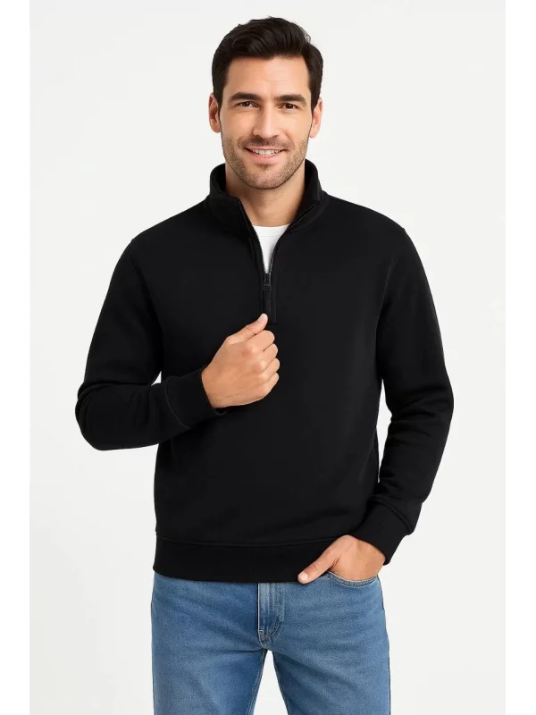 Erkek Dik Yaka Sweatshirt Dik Yaka Yarım Fermuarlı 3 İplik Şardonlu Pamuk Kumaş - Siyah