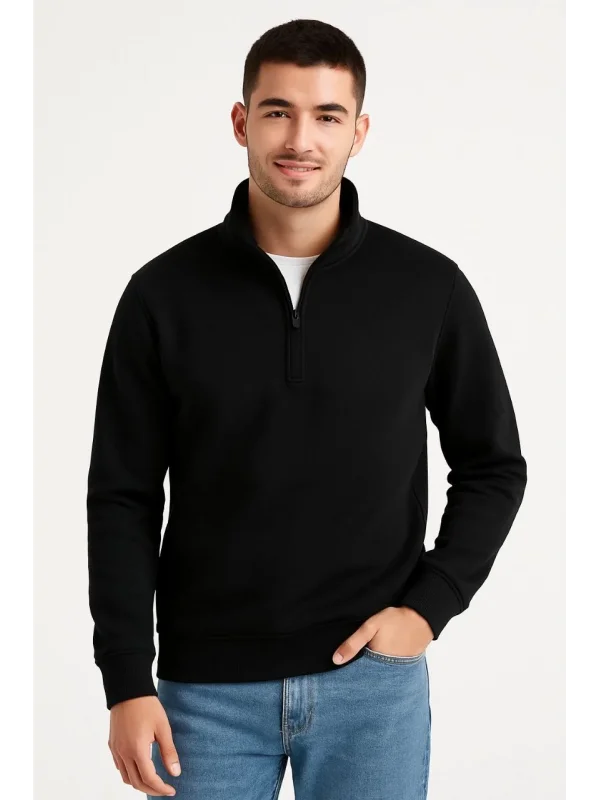 Erkek Dik Yaka Sweatshirt Dik Yaka Yarım Fermuarlı 3 İplik Şardonlu Pamuk Kumaş - Siyah