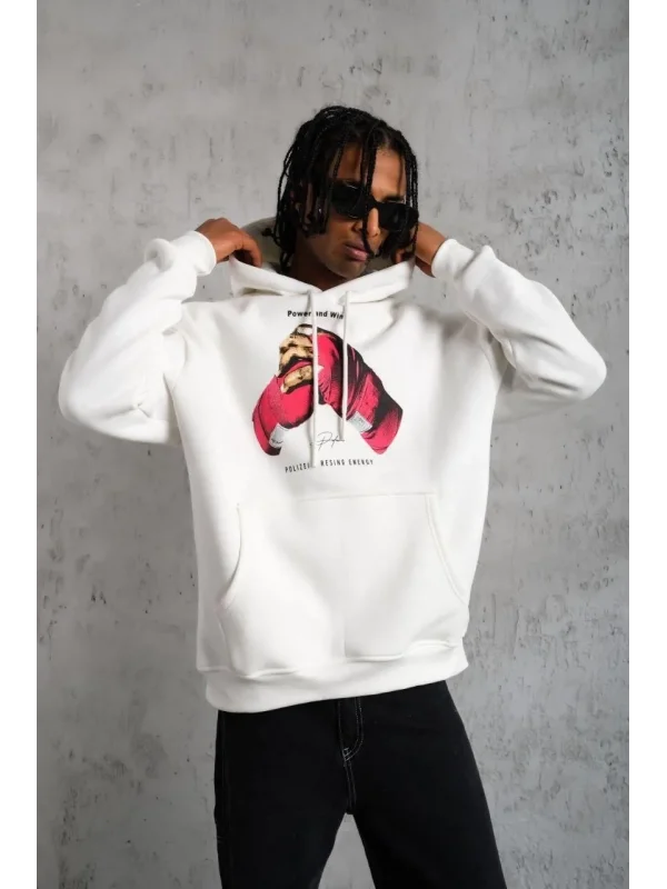 Lushiowear Erkek Kapüşonlu Cepli Boks Eldiven Baskılı 3 İplik Sweatshirt Hoodie - Beyaz