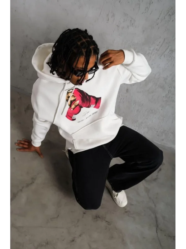 Lushiowear Erkek Kapüşonlu Cepli Boks Eldiven Baskılı 3 İplik Sweatshirt Hoodie - Beyaz