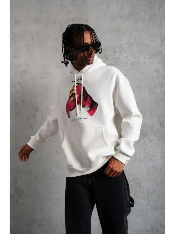 Lushiowear Erkek Kapüşonlu Cepli Boks Eldiven Baskılı 3 İplik Sweatshirt Hoodie - Beyaz