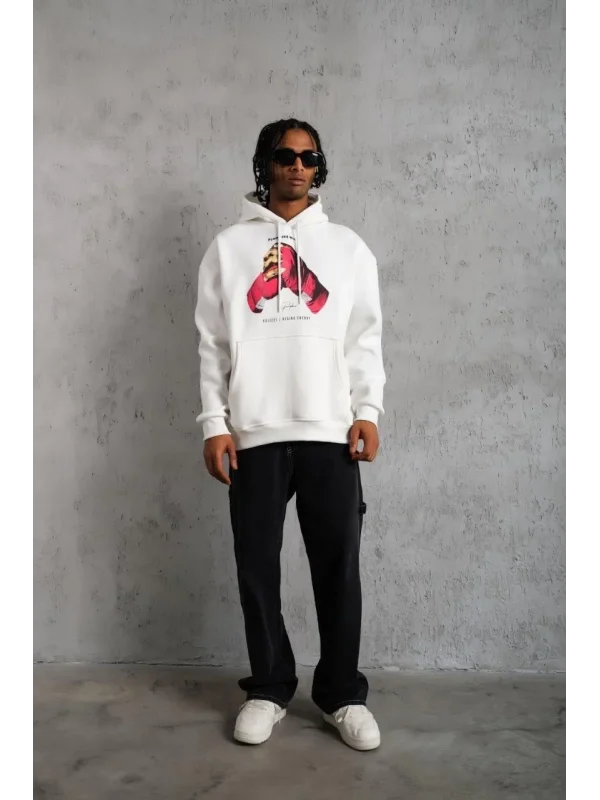 Lushiowear Erkek Kapüşonlu Cepli Boks Eldiven Baskılı 3 İplik Sweatshirt Hoodie - Beyaz
