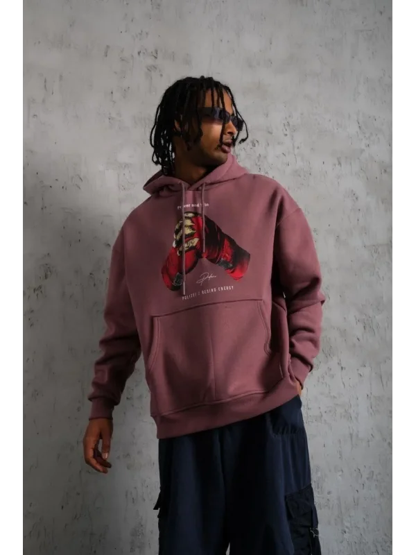 Lushiowear Erkek Kapüşonlu Cepli Box Eldiven Baskılı 3 İplik Sweatshirt Hoodie - Gül Kurusu