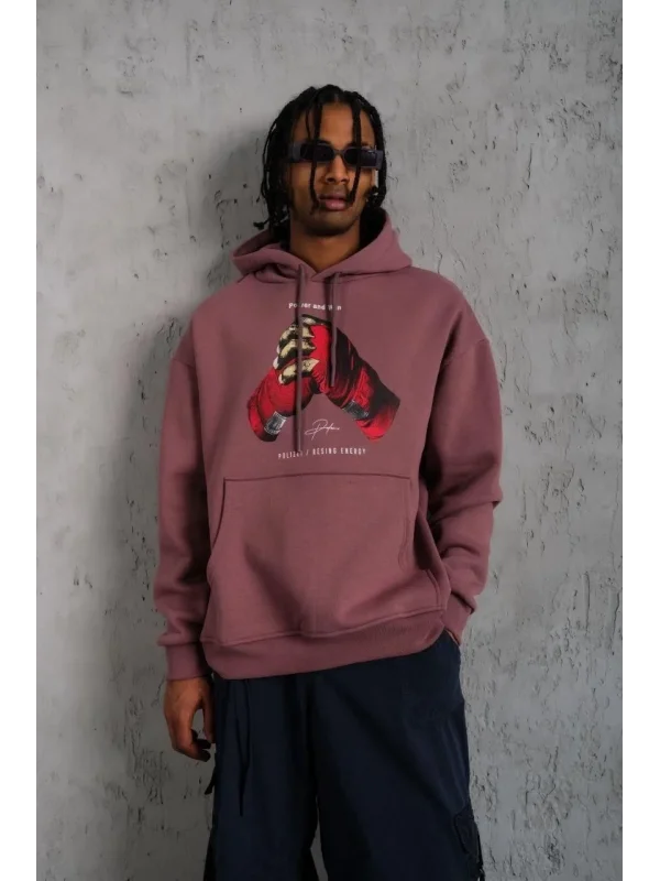 Lushiowear Erkek Kapüşonlu Cepli Box Eldiven Baskılı 3 İplik Sweatshirt Hoodie - Gül Kurusu