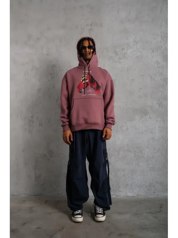 Lushiowear Erkek Kapüşonlu Cepli Box Eldiven Baskılı 3 İplik Sweatshirt Hoodie - Gül Kurusu