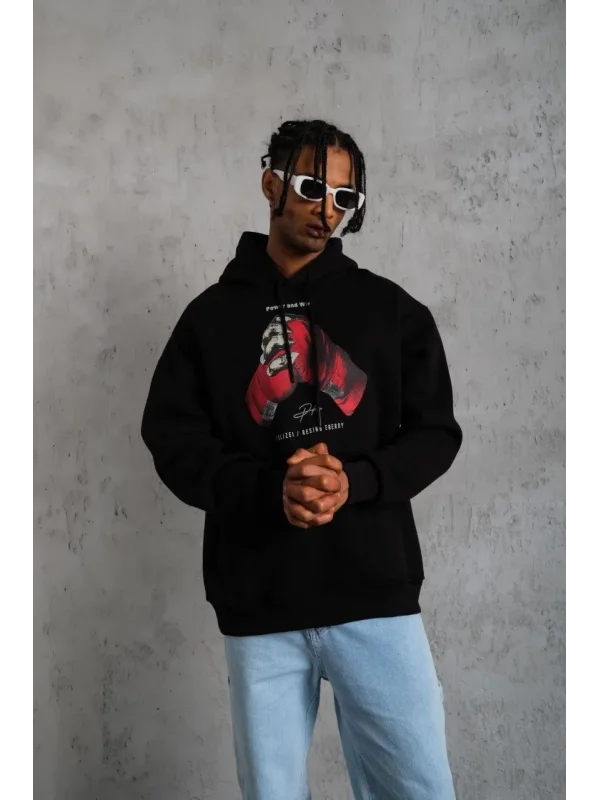 Lushiowear Erkek Kapüşonlu Cepli Box Eldiven Baskılı 3 İplik Sweatshirt Hoodie - Siyah