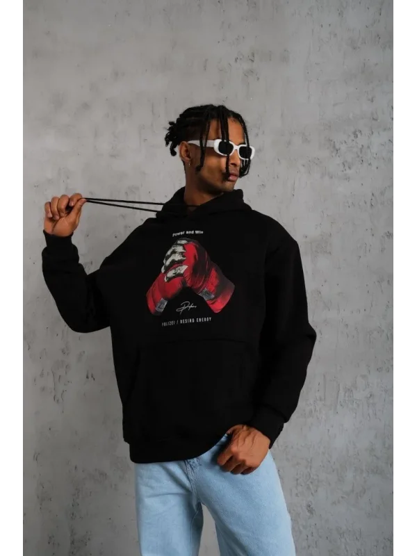 Lushiowear Erkek Kapüşonlu Cepli Box Eldiven Baskılı 3 İplik Sweatshirt Hoodie - Siyah