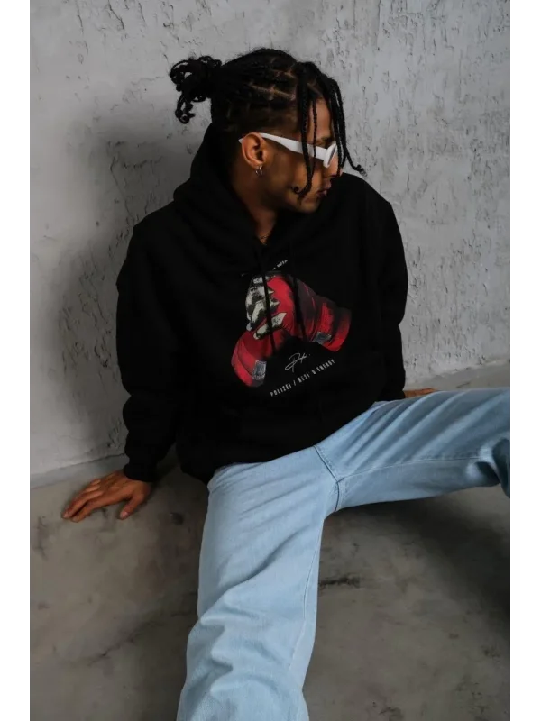 Lushiowear Erkek Kapüşonlu Cepli Box Eldiven Baskılı 3 İplik Sweatshirt Hoodie - Siyah