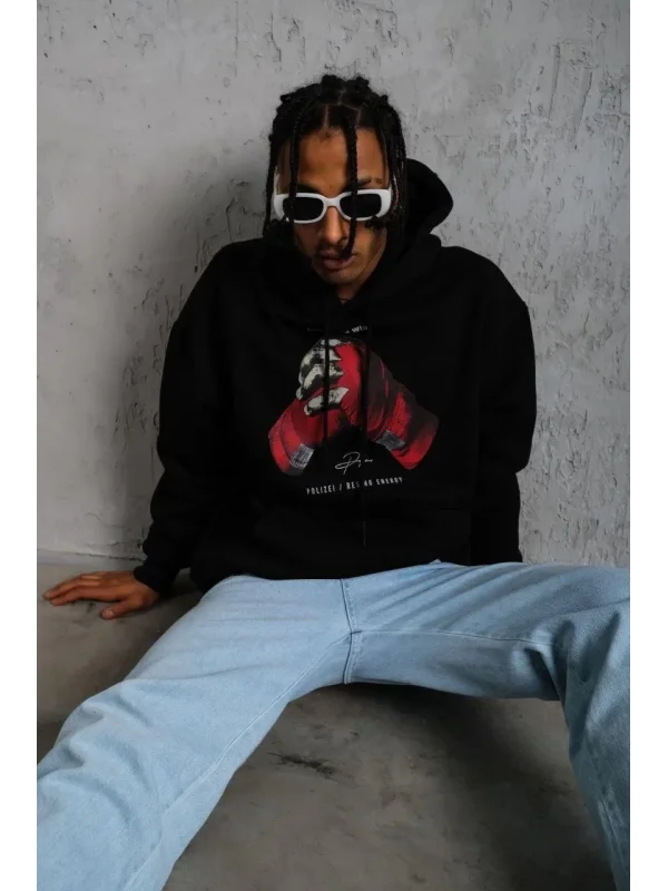 Lushiowear Erkek Kapüşonlu Cepli Box Eldiven Baskılı 3 İplik Sweatshirt Hoodie - Siyah