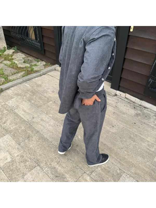 Erkek Fitilli Kadife Cepli Buggy Pantolon Oversize Rahat Kalıp - Füme