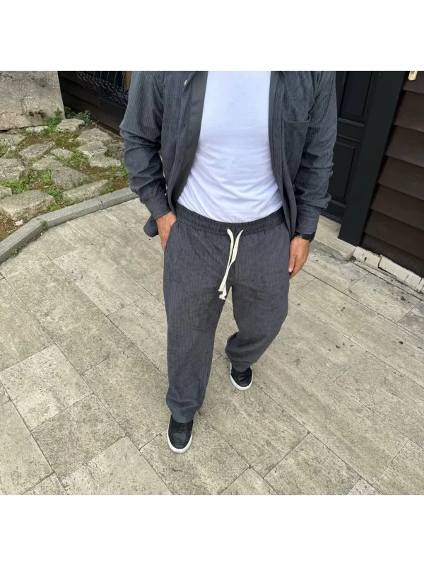 Erkek Fitilli Kadife Cepli Buggy Pantolon Oversize Rahat Kalıp - Füme