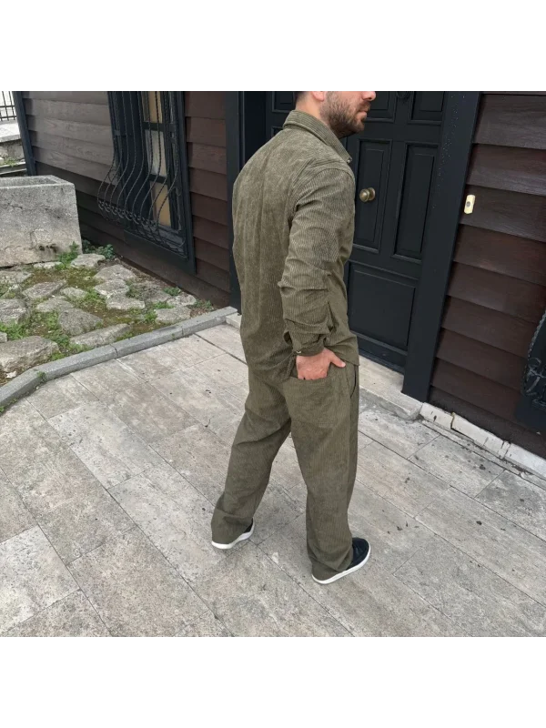 Erkek Fitilli Kadife Cepli Buggy Pantolon Oversize Rahat Kalıp - Haki