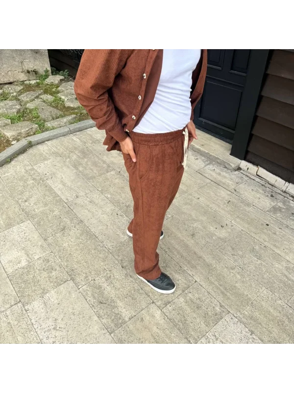 Erkek Fitilli Kadife Cepli Buggy Pantolon Oversize Rahat Kalıp - Kahverengi