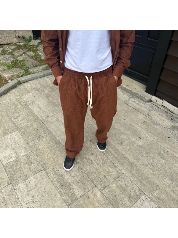 Erkek Fitilli Kadife Cepli Buggy Pantolon Oversize Rahat Kalıp - Kahverengi