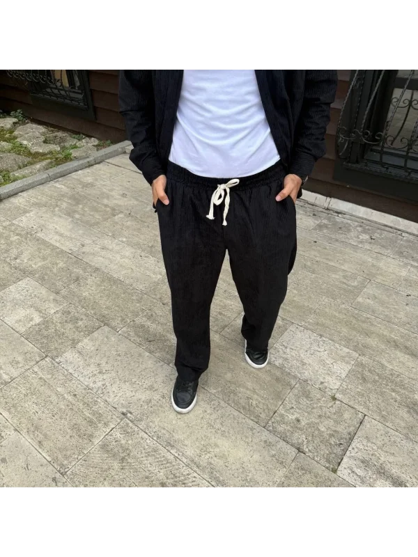 Erkek Fitilli Kadife Cepli Buggy Pantolon Oversize Rahat Kalıp - Siyah