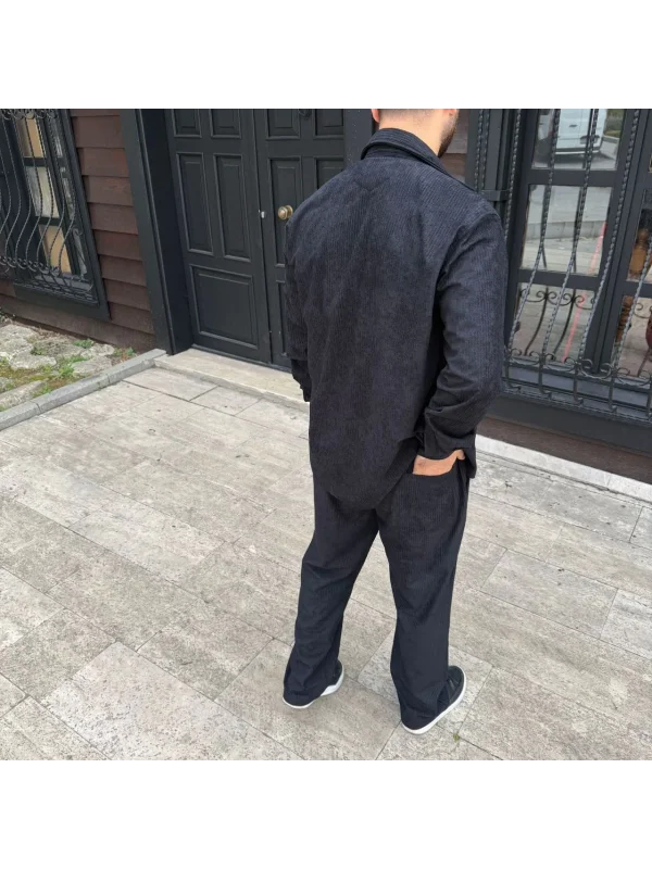 Erkek Fitilli Kadife Cepli Buggy Pantolon Oversize Rahat Kalıp - Siyah