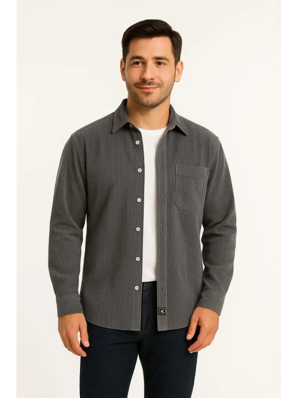 Erkek Fitilli Kadife Cepli Gömlek Oversize Rahat Kalıp - Füme