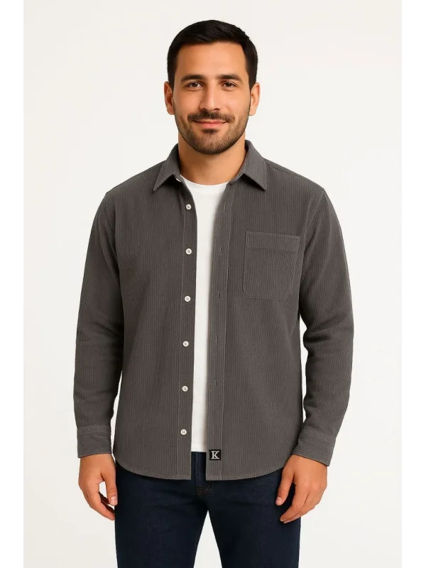Erkek Fitilli Kadife Cepli Gömlek Oversize Rahat Kalıp - Füme