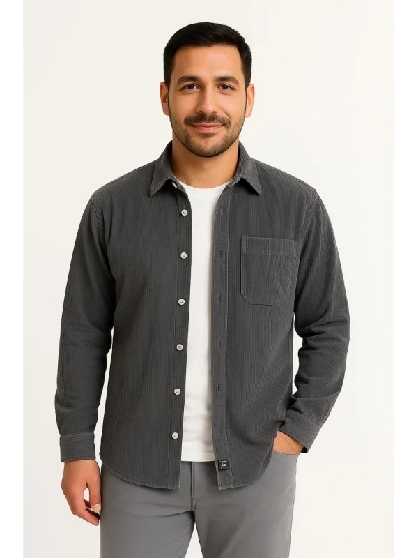 Erkek Fitilli Kadife Cepli Gömlek Oversize Rahat Kalıp - Füme