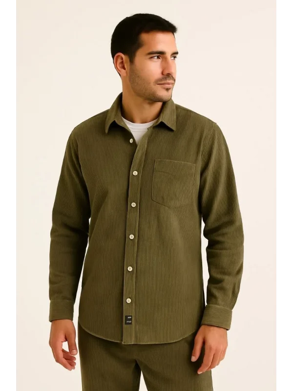 Erkek Fitilli Kadife Cepli Gömlek Oversize Rahat Kalıp - Haki