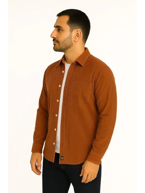 Erkek Fitilli Kadife Cepli Gömlek Oversize Rahat Kalıp - Kahverengi