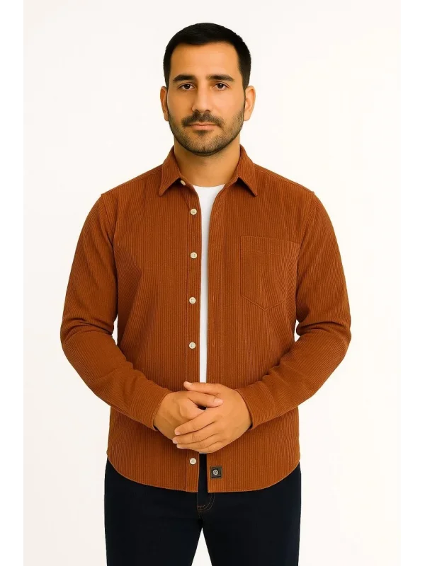 Erkek Fitilli Kadife Cepli Gömlek Oversize Rahat Kalıp - Kahverengi