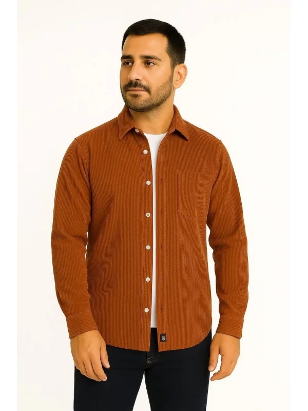 Erkek Fitilli Kadife Cepli Gömlek Oversize Rahat Kalıp - Kahverengi