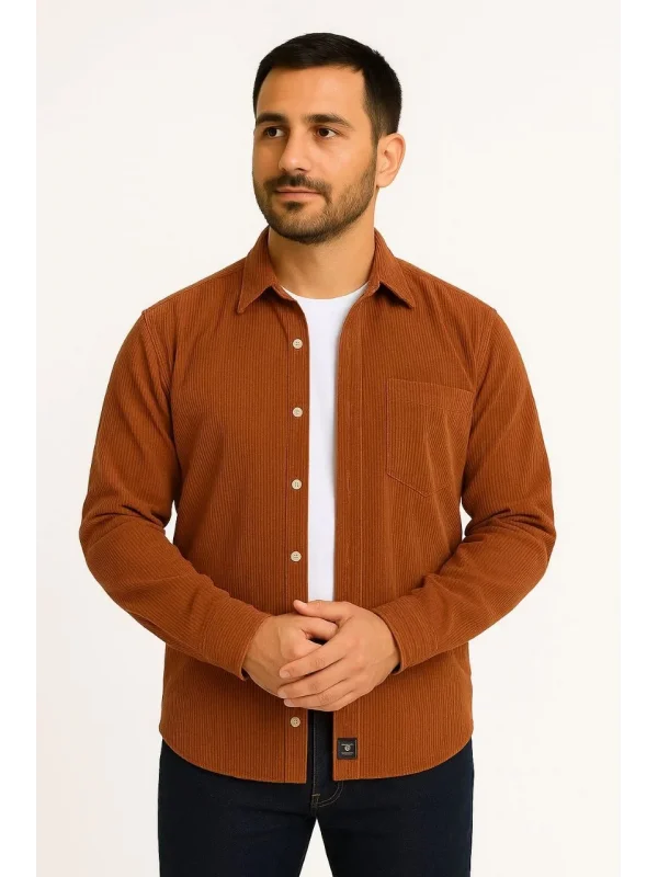 Erkek Fitilli Kadife Cepli Gömlek Oversize Rahat Kalıp - Kahverengi
