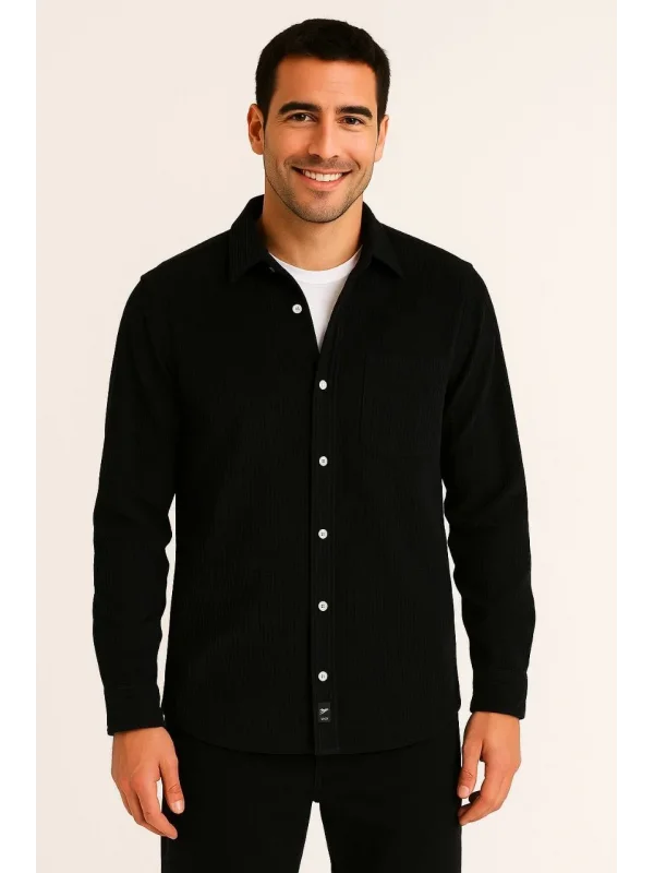 Erkek Fitilli Kadife Cepli Gömlek Oversize Rahat Kalıp - Siyah