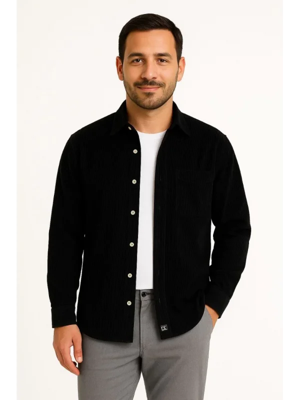 Erkek Fitilli Kadife Cepli Gömlek Oversize Rahat Kalıp - Siyah