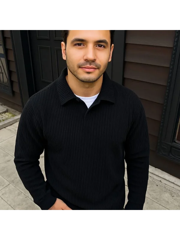 Erkek Fitilli Polar Sweatshirt – Düğmesiz Polo Yaka, Oversize Rahat Kalıp, Kalın Polar Kumaş, Kışlık ve Baharlık Şık Günlük Üst - Siyah