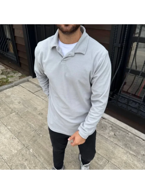 Erkek Fitilli Polar Sweatshirt – Düğmesiz Polo Yaka, Oversize Rahat Kalıp, Kalın Polar Kumaş, Kışlık ve Baharlık Şık Günlük Üst - Gri