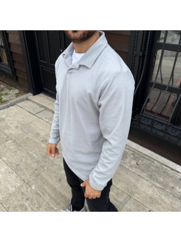 Erkek Fitilli Polar Sweatshirt – Düğmesiz Polo Yaka, Oversize Rahat Kalıp, Kalın Polar Kumaş, Kışlık ve Baharlık Şık Günlük Üst - Gri