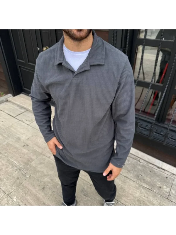 Erkek Fitilli Polar Sweatshirt – Düğmesiz Polo Yaka, Oversize Rahat Kalıp, Kalın Polar Kumaş, Kışlık ve Baharlık Şık Günlük Üst - Füme