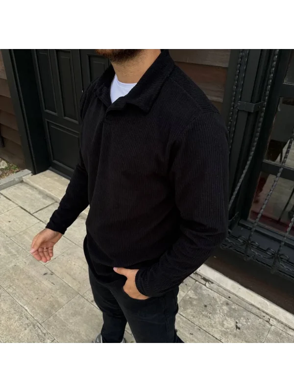 Erkek Fitilli Polar Sweatshirt – Düğmesiz Polo Yaka, Oversize Rahat Kalıp, Kalın Polar Kumaş, Kışlık ve Baharlık Şık Günlük Üst - Siyah