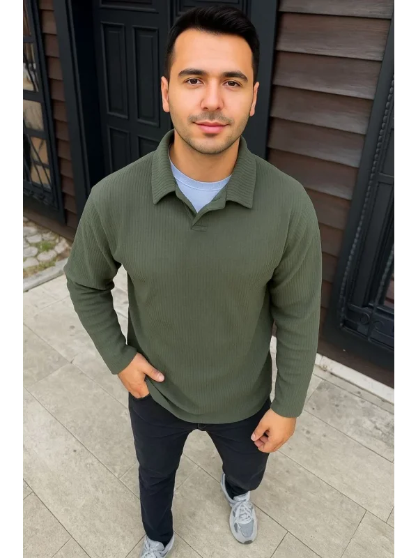 Erkek Fitilli Polar Sweatshirt – Düğmesiz Polo Yaka, Oversize Rahat Kalıp, Kalın Polar Kumaş, Kışlık ve Baharlık Şık Günlük Üst - Haki