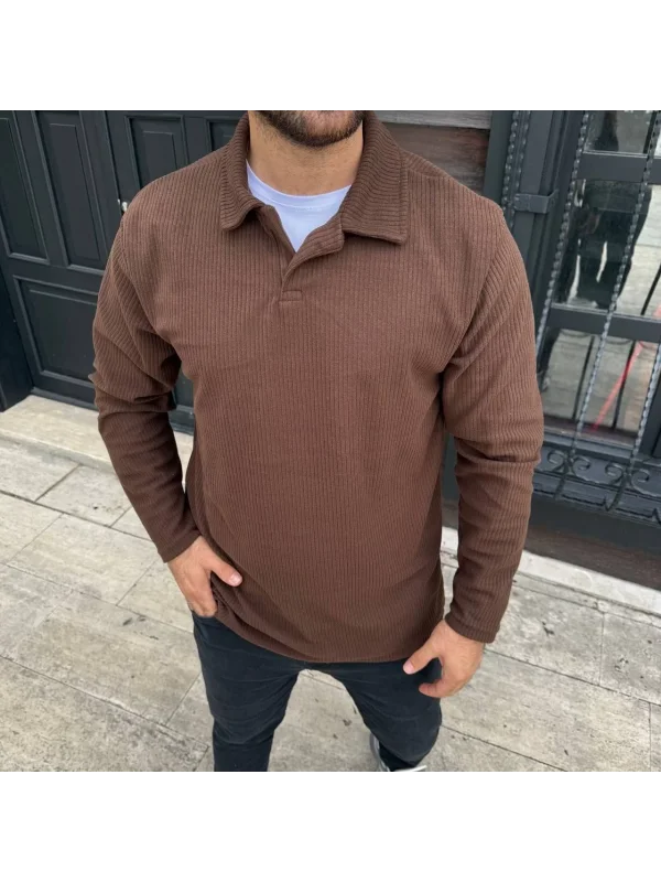 Erkek Fitilli Polar Sweatshirt – Düğmesiz Polo Yaka, Oversize Rahat Kalıp, Kalın Polar Kumaş, Kışlık ve Baharlık Şık Günlük Üst - Kahverengi