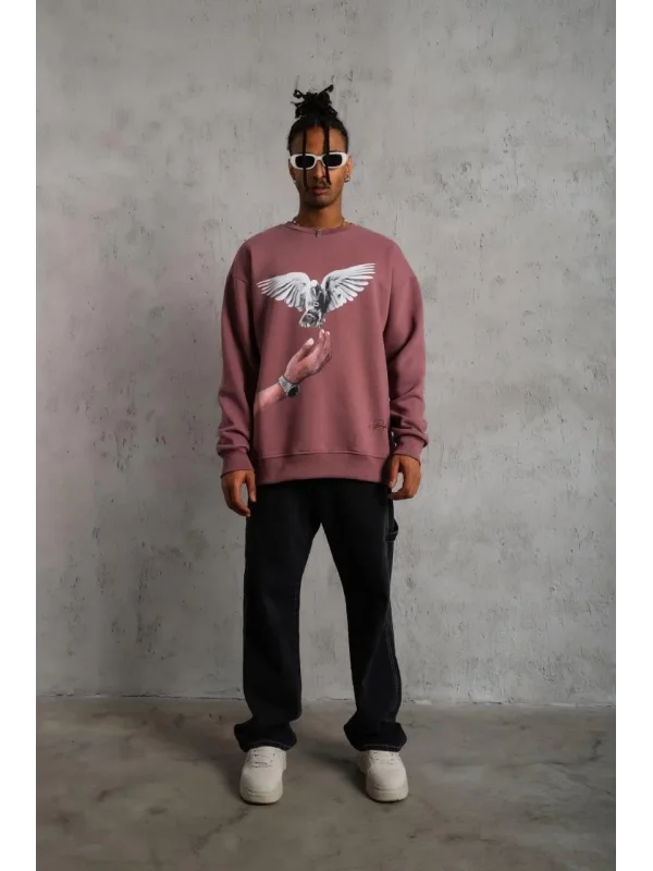 Lushiowear Erkek Güvercin Baskılı Bisiklet Yaka Sweatshirt 3 iplik pamuklu - Gül Kurusu