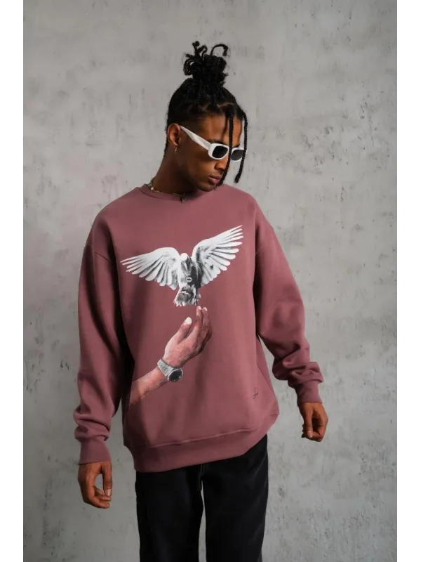 Lushiowear Erkek Güvercin Baskılı Bisiklet Yaka Sweatshirt 3 iplik pamuklu - Gül Kurusu