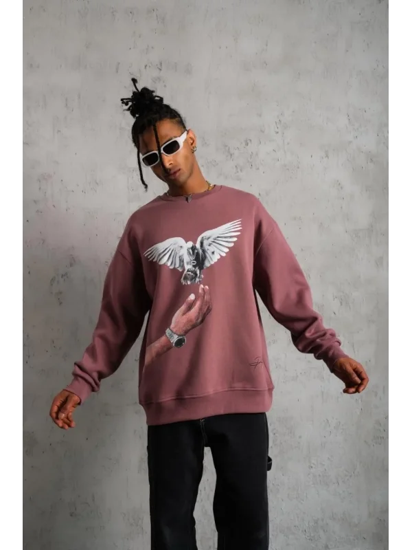 Lushiowear Erkek Güvercin Baskılı Bisiklet Yaka Sweatshirt 3 iplik pamuklu - Gül Kurusu