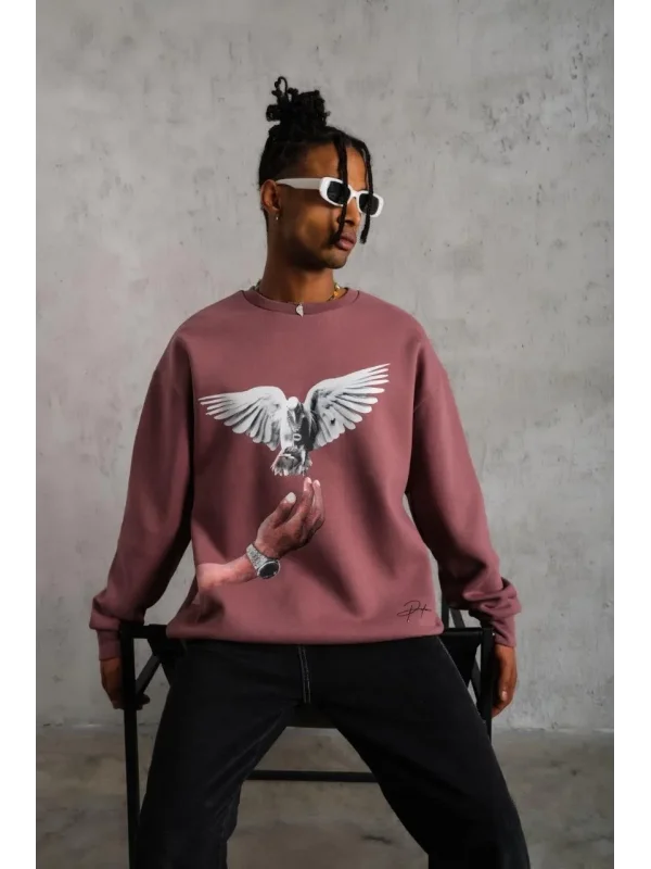 Lushiowear Erkek Güvercin Baskılı Bisiklet Yaka Sweatshirt 3 iplik pamuklu - Gül Kurusu
