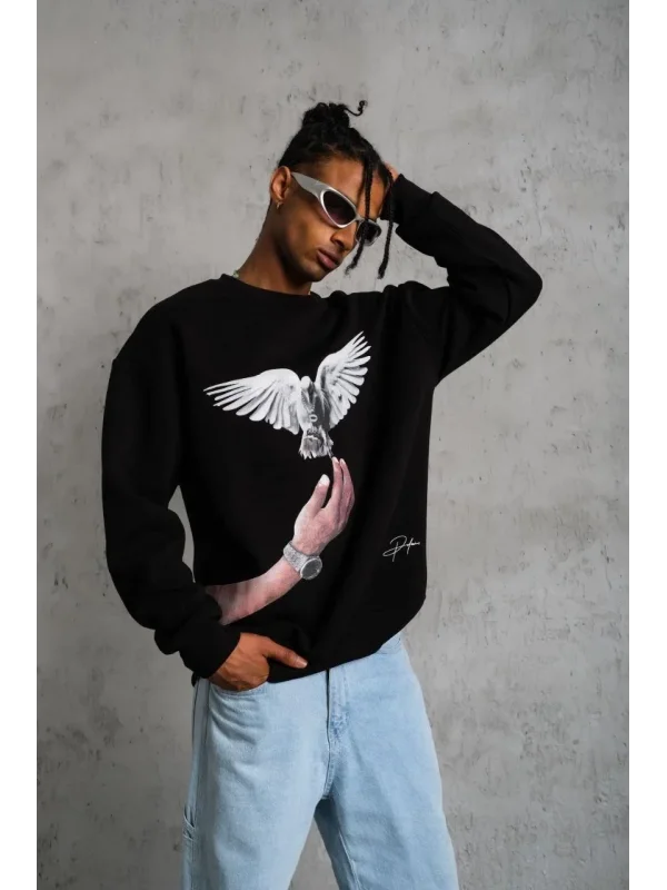 Lushiowear Erkek Güvercin Baskılı 3 iplik Bisiklet Yaka ipamuklu Sweatshirt - Siyah