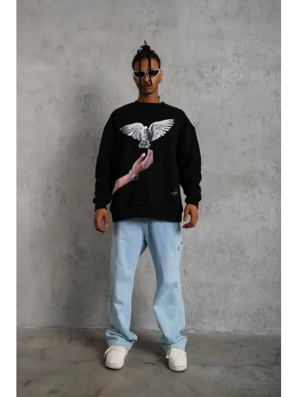 Lushiowear Erkek Güvercin Baskılı 3 iplik Bisiklet Yaka ipamuklu Sweatshirt - Siyah