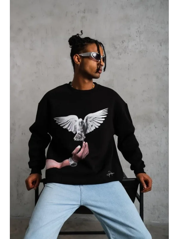 Lushiowear Erkek Güvercin Baskılı 3 iplik Bisiklet Yaka ipamuklu Sweatshirt - Siyah
