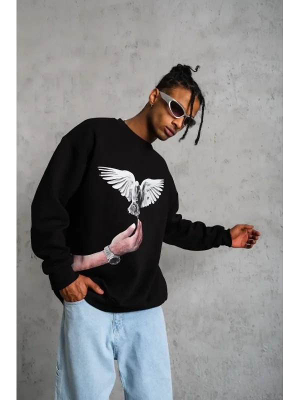 Lushiowear Erkek Güvercin Baskılı 3 iplik Bisiklet Yaka ipamuklu Sweatshirt - Siyah