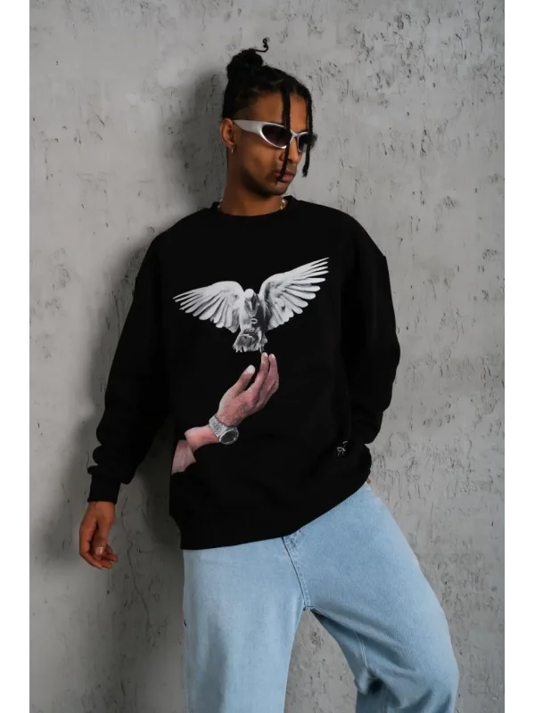 Lushiowear Erkek Güvercin Baskılı 3 iplik Bisiklet Yaka ipamuklu Sweatshirt - Siyah